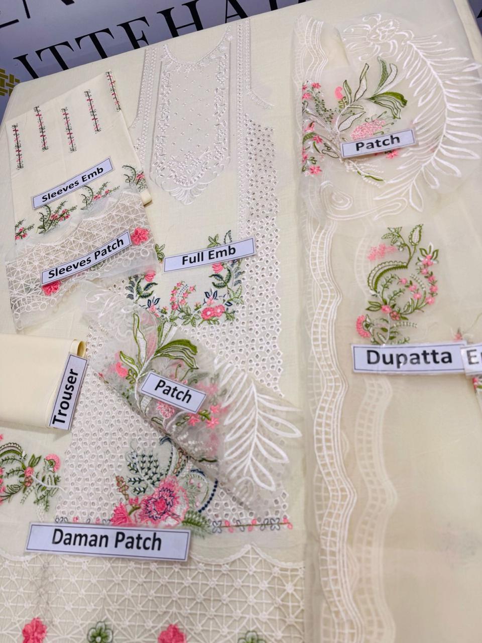 Off-White Chikankari Embroidered Lawn Suit – 3 Piece Unstitched with Organza Dupatta