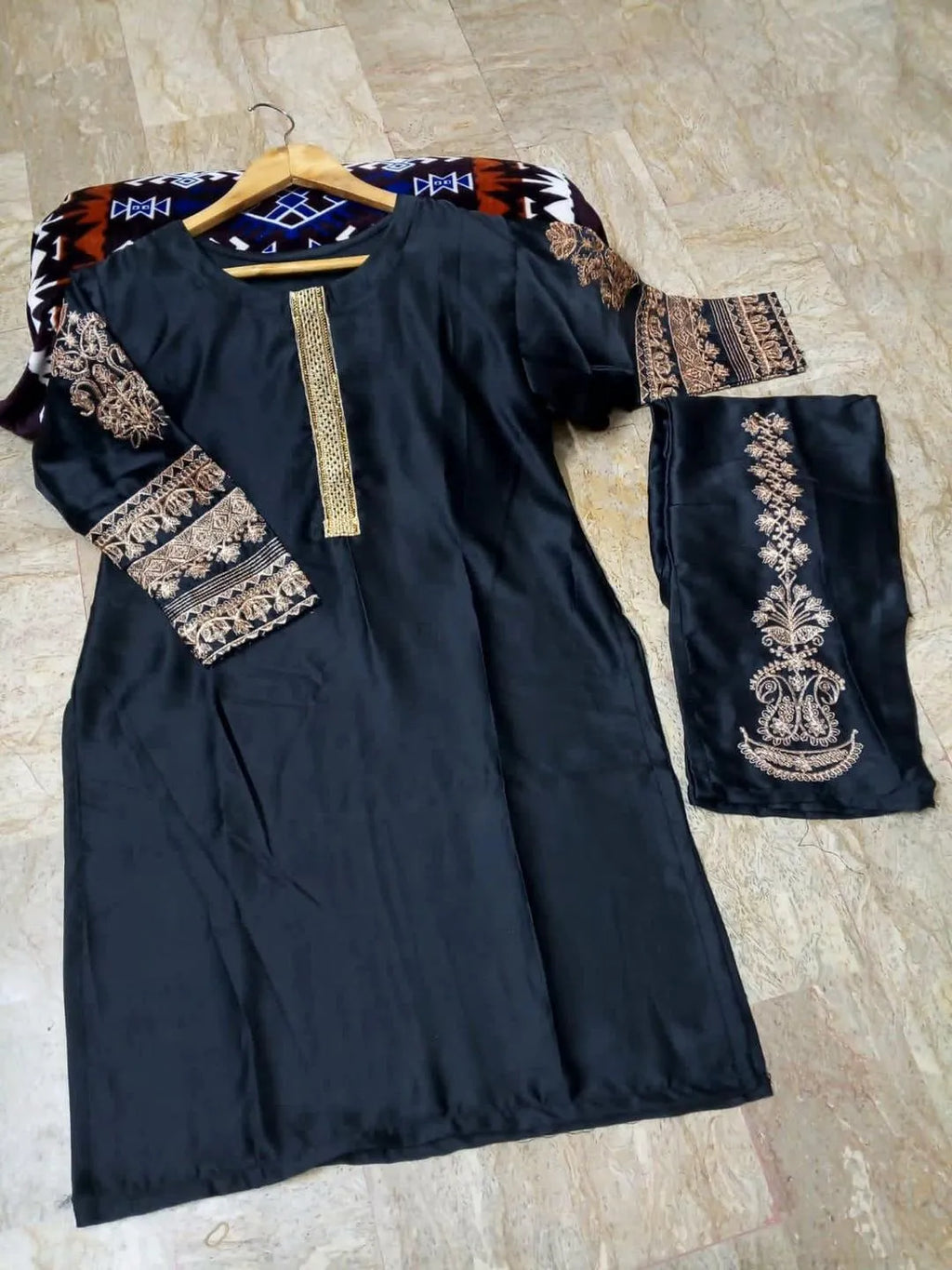 Black Silk Embroidered 2-Piece Suit (Stitched) – Ready to Wear Party Dress