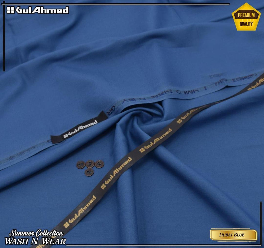 GulAhmed Men’s Unstitched Wash & Wear Suit – Dubai Blue Summer Collection (With Buttons & Brand Tag)