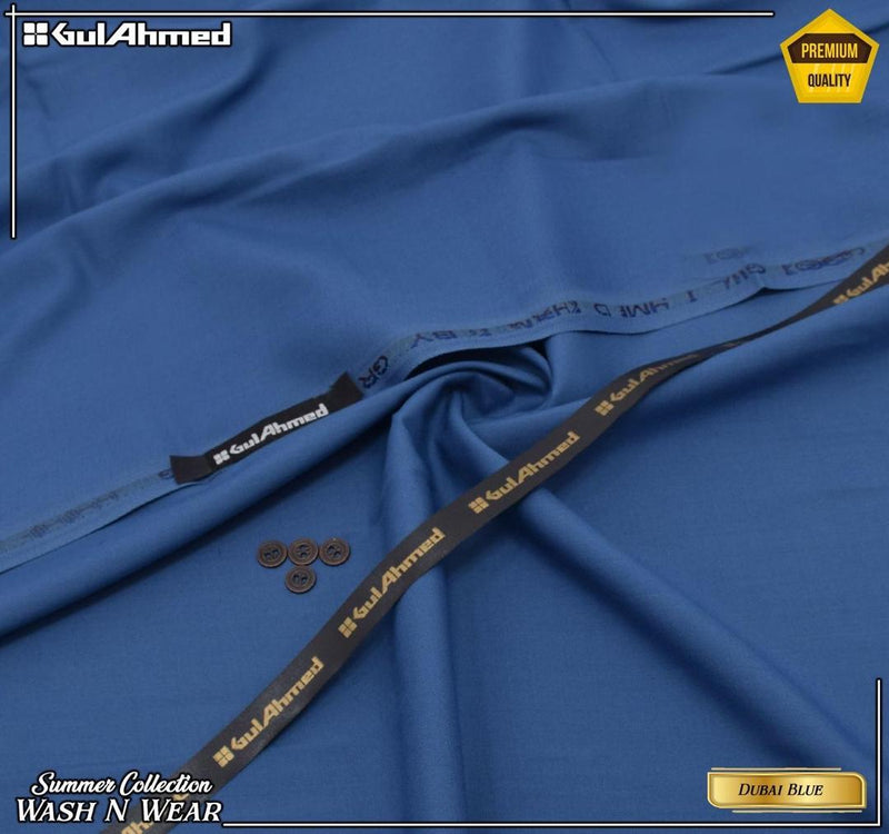 GulAhmed Men’s Unstitched Wash & Wear Suit – Dubai Blue Summer Collection (With Buttons & Brand Tag)