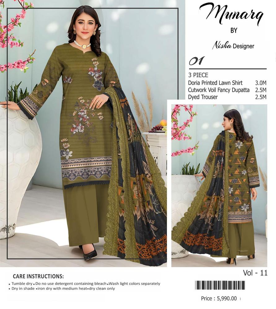 Olive Green Doria Printed Lawn Suit – 3 Piece Unstitched with Black Cutwork Fancy Dupatta
