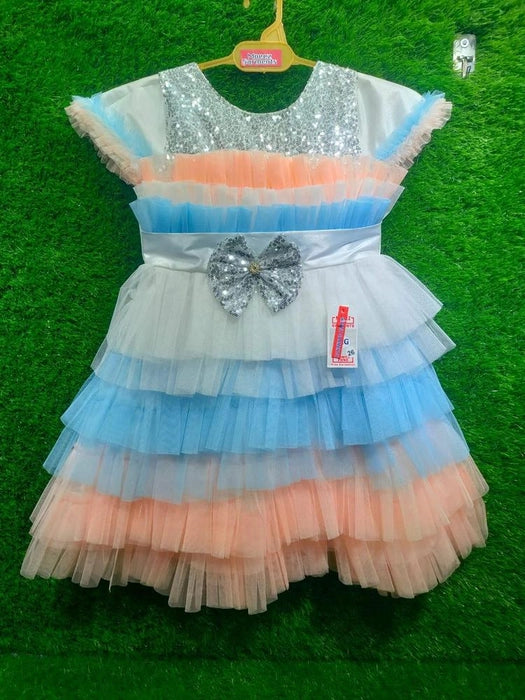 Rainbow Net Party Frock with Sequin Belt (Pastel Multi-Color) | Age 3-6 Years | Fancy Girls Dress