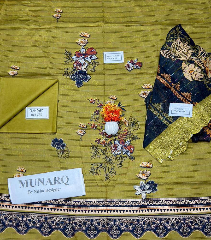 Olive Green Doria Printed Lawn Suit – 3 Piece Unstitched with Black Cutwork Fancy Dupatta