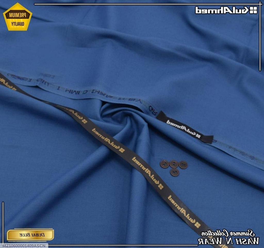 GulAhmed Men’s Unstitched Wash & Wear Suit – Dubai Blue Summer Collection (With Buttons & Brand Tag)