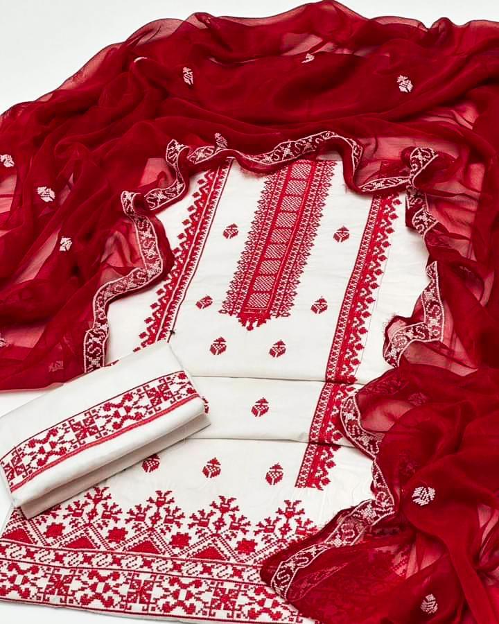 Red Chikankari Embroidered Cotton Lawn Suit – 3 Piece Unstitched Fancy Dress with Chiffon Dupatta