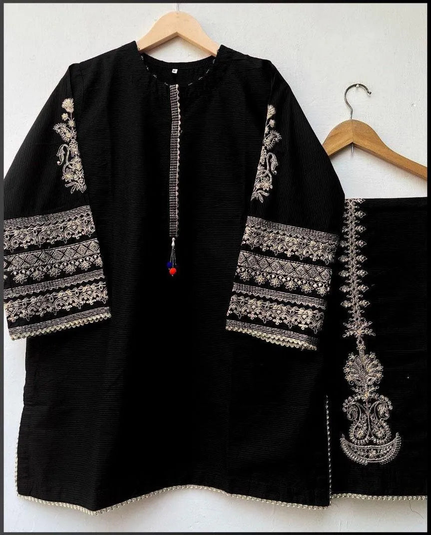 Black Silk Embroidered 2-Piece Suit (Stitched) – Ready to Wear Party Dress