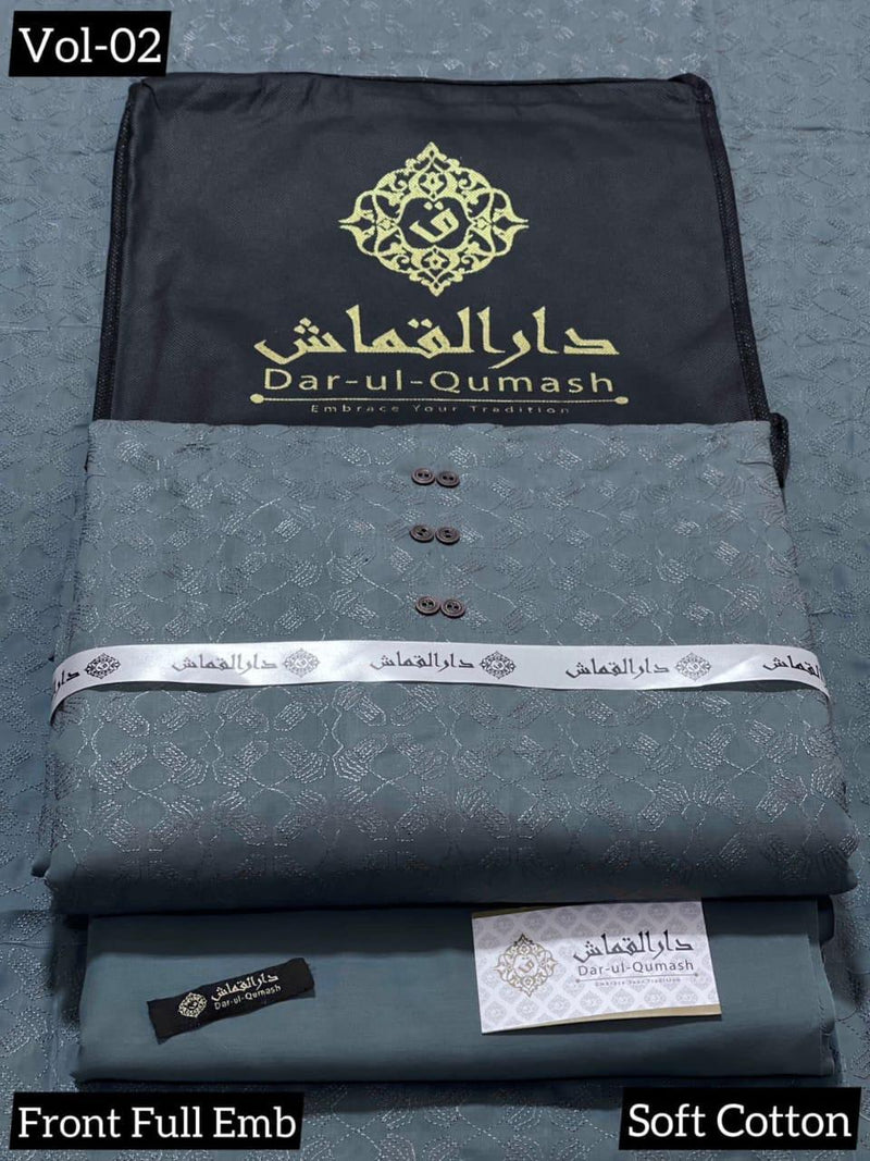 Dar-ul-Qumash Men's Unstitched Soft Cotton Suit - Front Full Embroidery (Cream/Beige)