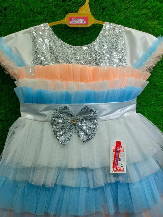 Rainbow Net Party Frock with Sequin Belt (Pastel Multi-Color) | Age 3-6 Years | Fancy Girls Dress