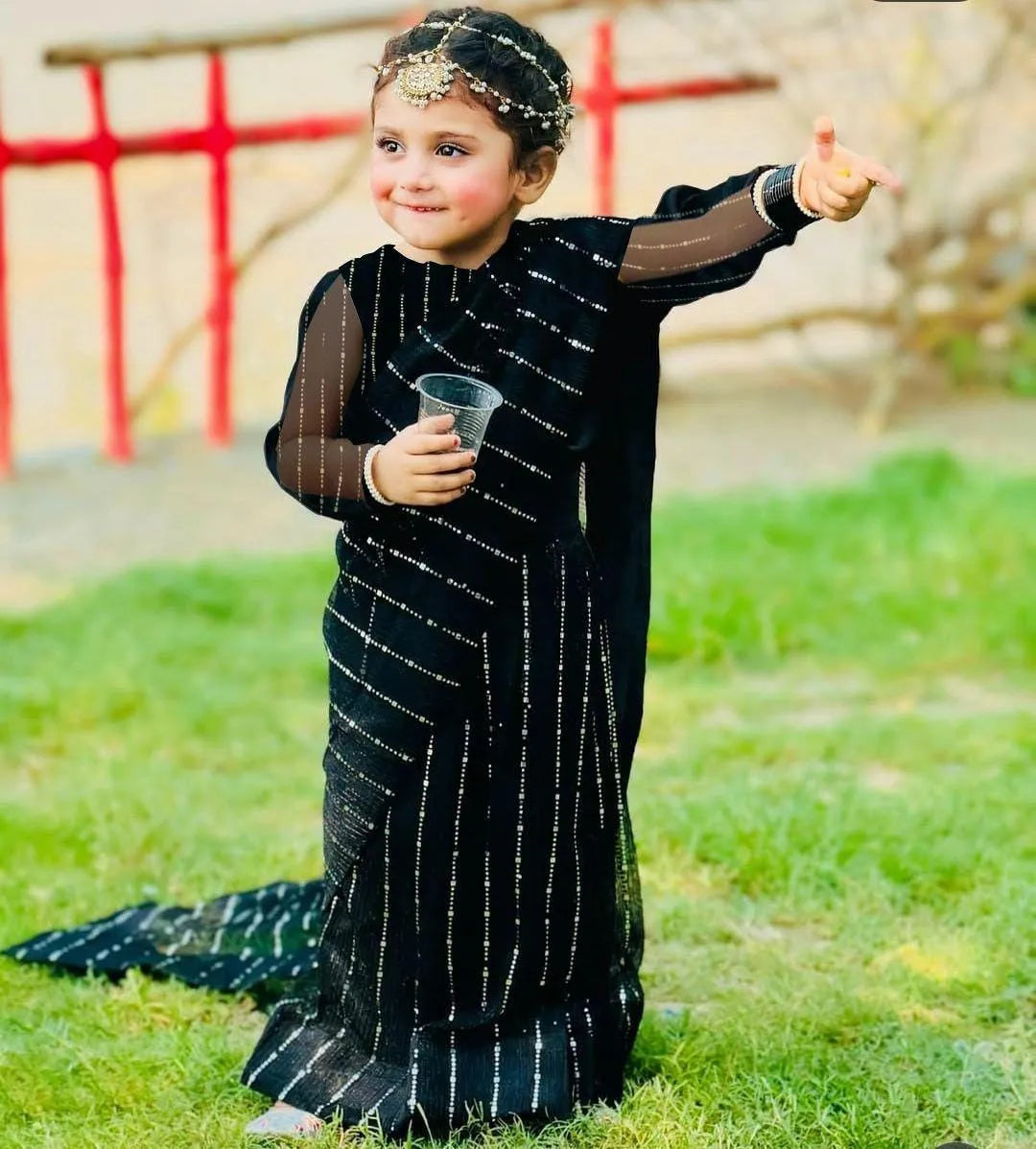 Girls Black Ready-to-Wear Saree | Stitched Chiffon Moonlight 3Pc Suit (6-12 Years