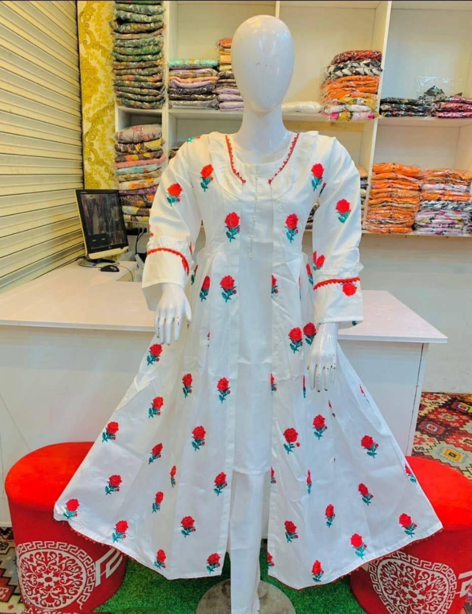 White Katan Silk Embroidered Gown 3-Piece Suit