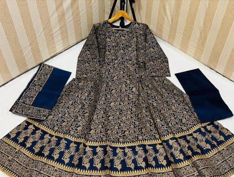 Navy Blue Katan Silk Maxi Suit (3-Piece) - Steam Printed Festive Wear with 70" Flair