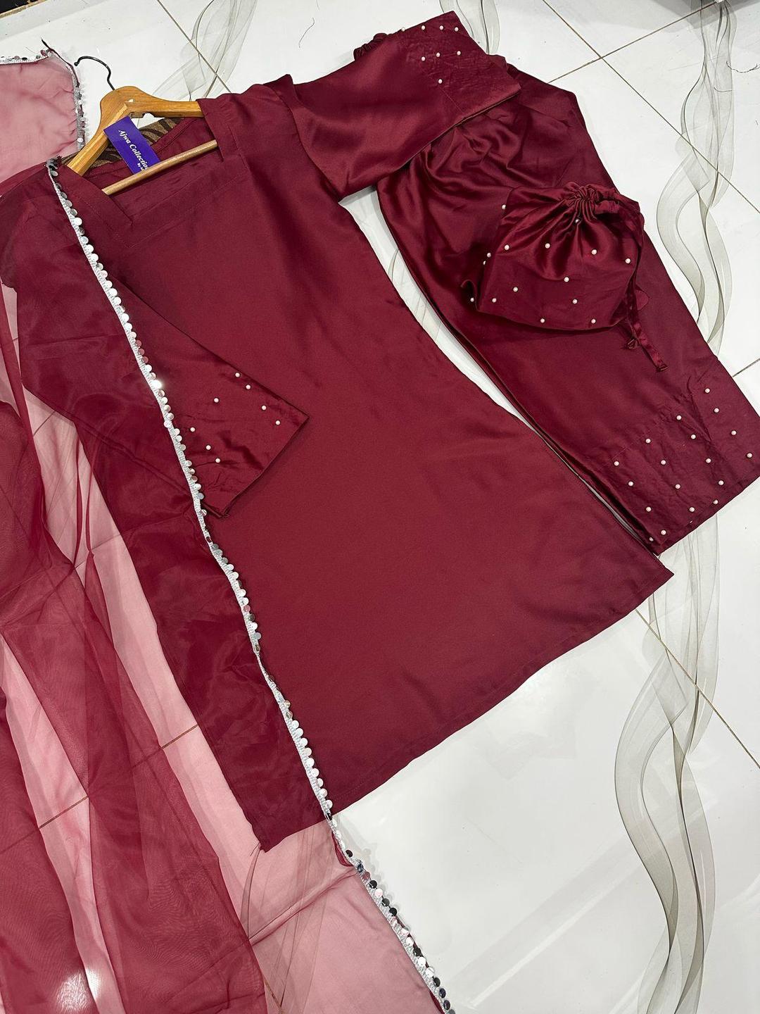 Maroon Shamoz Silk 3-Piece Suit with Farshi Shalwar & Potli