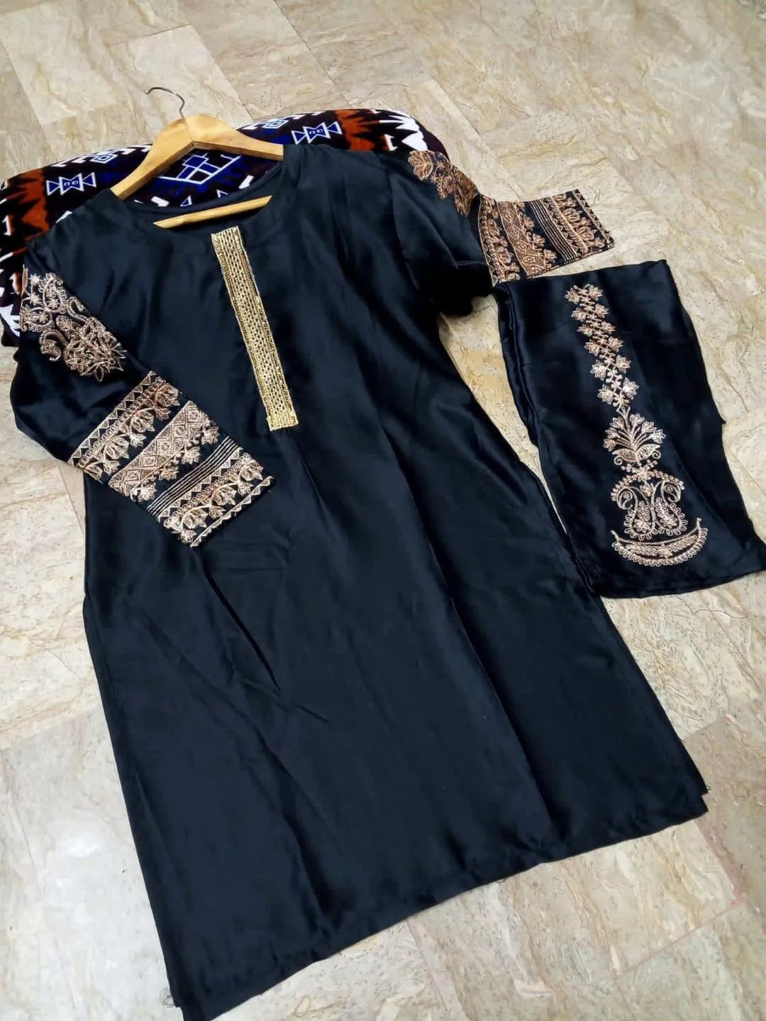 Black Silk Embroidered 2-Piece Suit (Stitched) – Ready to Wear Party Dress