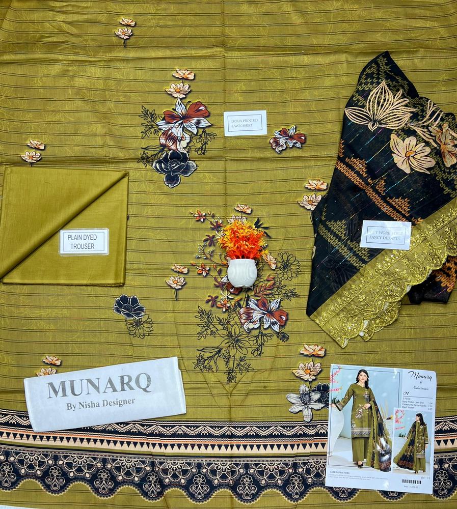 Olive Green Doria Printed Lawn Suit – 3 Piece Unstitched with Black Cutwork Fancy Dupatta