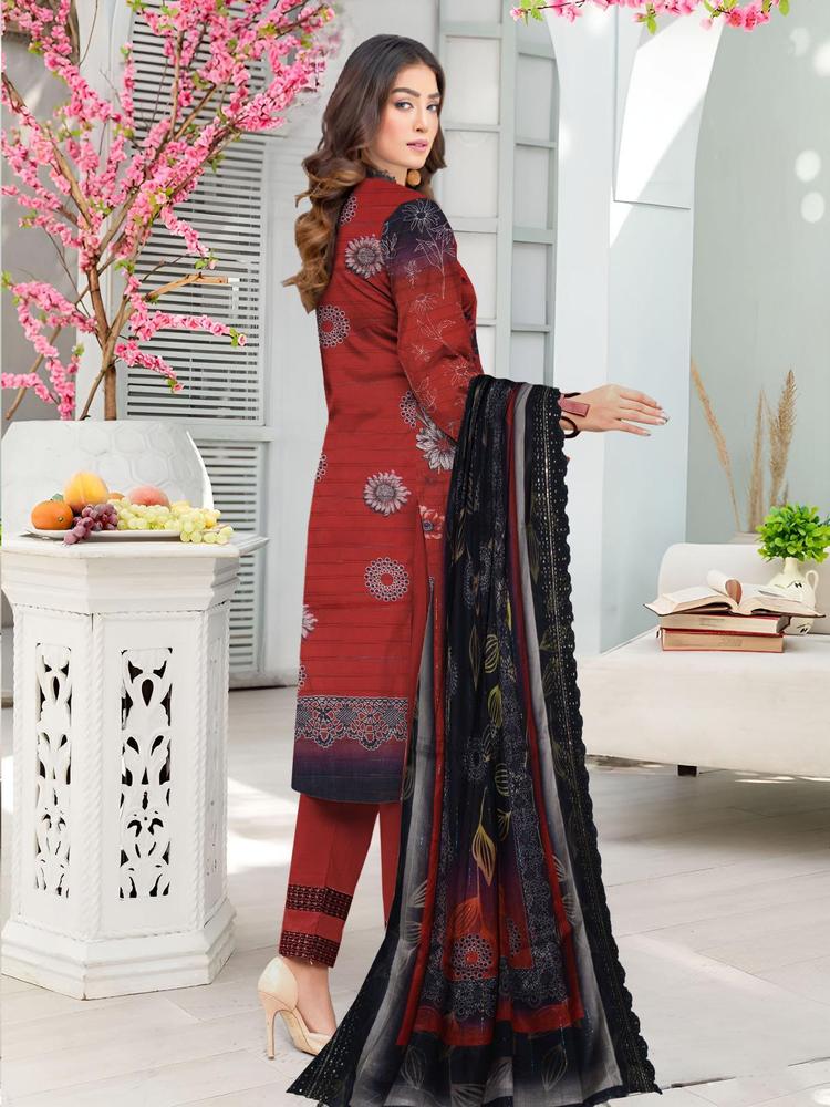 Munarq by Nisha Designer 3-Piece Suit – Rust Red Doria Printed Lawn with Black Cutwork Dupatta (Vol-11)