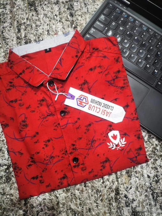 Boys 2-Piece Suit: Red Abstract Printed Shirt with Matching Pant (Age 5-6 Years) | Trendy Party Wear