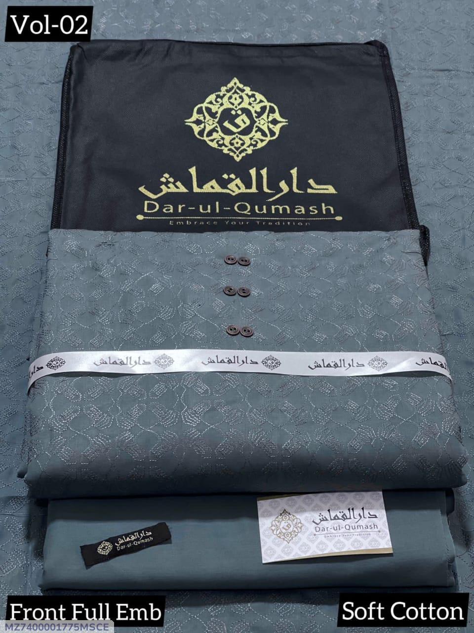 Dar-ul-Qumash Men's Unstitched Soft Cotton Suit - Front Full Embroidery (Cream/Beige)