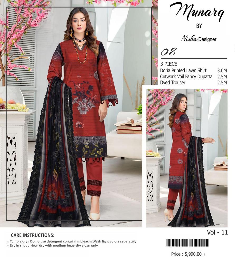 Munarq by Nisha Designer 3-Piece Suit – Rust Red Doria Printed Lawn with Black Cutwork Dupatta (Vol-11)